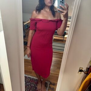 Reformation Off-Shoulder Midi Dress in Cherry Red